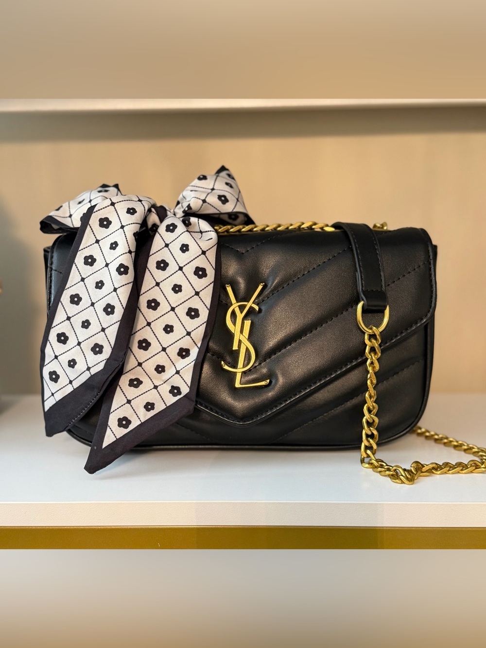 Source Unknown Black Quilted Crossbody Bag with Gold Hardware and Scarf Accent